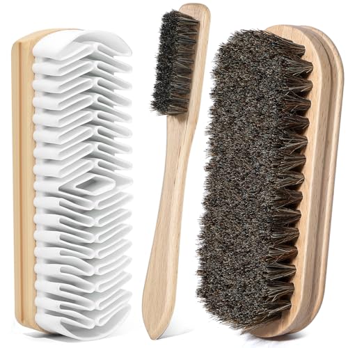 3Pcs Shoe Shine Kit, 2Pcs Horsehair Shoe Brush and a Suede Eraser | Horse Hair Brush for Leather, Suede Brush for Shoes, Shoe Care Set Cleans and Polishes Leather, Suede and Boots - size: 3PCS