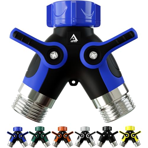 DBR Tech® Hose Splitter 2 Way, Heavy Duty Metal Connector, Two Way Garden Hose Splitter, High Flow Spigot Faucet Bib Adapter, Solid Double Y Shut Off Valve for Outdoor Gardening Hoses, Blue - color: Blue