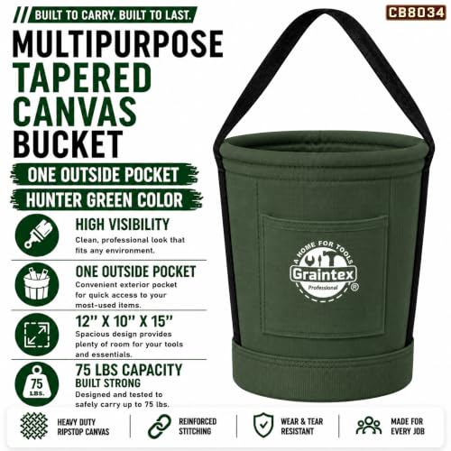 Graintex Tapered Canvas Bucket 12"x10"x15", Utility Tool Bucket One Inside Pocket, Reinforced Base & Carry Handle, Ripstop Canvas - Hunter Green - color: Hunter Green