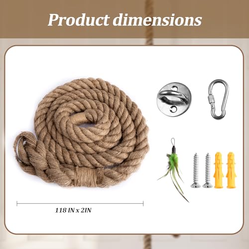 2" x 9.84Ft Cat Climbing Rope with Hook for Ceiling & Wall Mounted | Natural Sisal Rope for Cat Scratcher with Feather Toy for Indoor/Outdoor Cats, Durable Cat Tree Replacement Rope