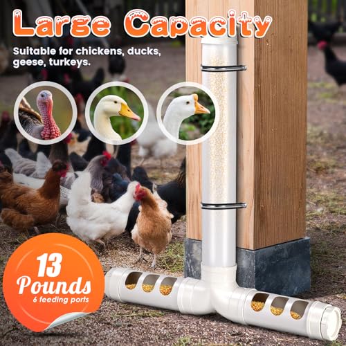 PVC Chicken Feeder No Waste 13lbs Automatic Poultry Feeder | Chicken Food Dispenser with 6 Feeding Port, Gravity Poultry Feeding Trough for Ducks Turkeys Geese Quails Pigeon