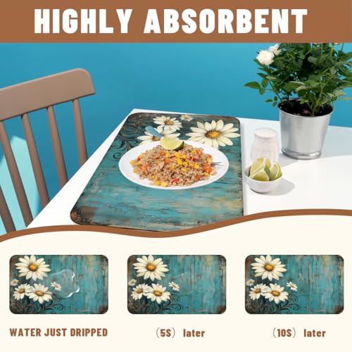 Rustic Barn Flower Dish Drying Mat for Kitchen Counter 2 Pack Fall Daisy Teal Turquoise Brown Absorbent Draining Pad, Coffee Bar Mat Accessories Fit, Quick Dry Mat Non-slip 12"L x 20"W