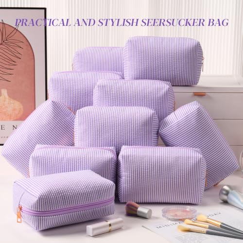 Sanwuta 20 Pcs Seersucker Cosmetic Bags Bulk, Striped Zippered,Purple | Makeup Bags Women Pouch, Large Preppy Storage Toiletry Travel Pouch for Wedding Bridesmaid Bride Favor Back to Teacher Gift - color: Purple