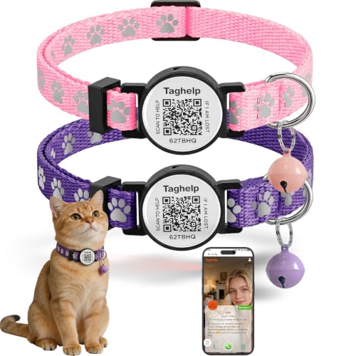 Smart QR Code Cat Collar 2-Pack: Your Cat's Digital Safety Profile, Breakaway Reflective Collar with Instant Email Alert When Scanned (Pink & Purple A) - color: Paw pattern - Pink & Purple