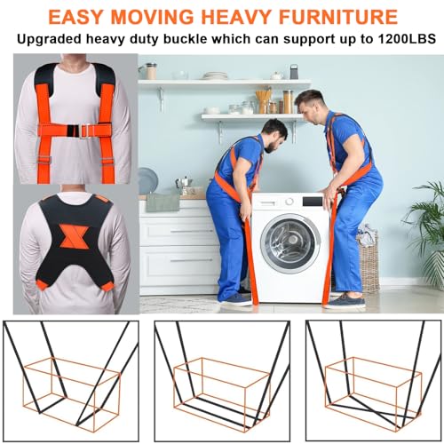 Shoulder Furniture Moving Straps Chest Buckle and 1-Person Lifting Strap | 2-Person Moving Straps Adjustable Easily Lifting and Moving for Mattresses Appliances Heavy Object Up To 1200LBS - color: Orange-2Person Straps