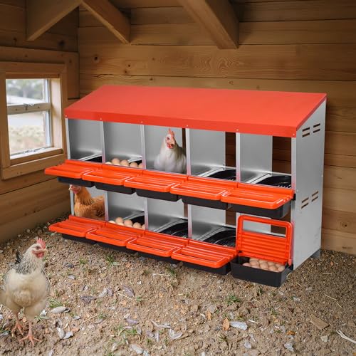 VEVOR 2 Tiers Chicken Nesting Boxes, 10 Compartments, Metal Egg Laying Boxes with Protective Collection Lids, Roll Out Nesting Box, Easy to Assemble, Ideal for Hens, Ducks, Chickens, and Other Poultry