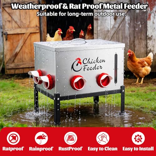 80LB Metal Chicken Feeder, Rat Proof Automatic Chicken Feeder with Visible Window & 8 Ports, Galvanized No Waste Poultry Feeder for Chickens, Ducks, Geese - size: 80 LBS