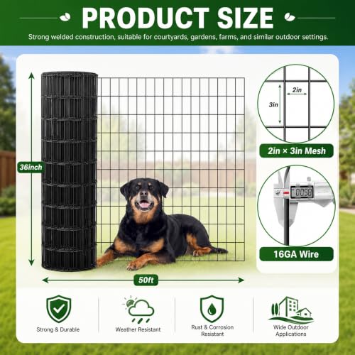 PVC Coated Welded Wire Mesh 16GA 36in x 50ft, 2x3 Mesh Black Fence Roll | Dog Fence Chicken Run Rabbit Enclosure Farm goat pens deer protection tree guards compost areas greenhouse perimeters - color: 16GA 36''×50'