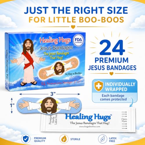 Healing Hugs Jesus Bandages - Premium Adhesive Hugging Jesus from Hug-a-BooBoo, The Jesus Bandages that Hug! 24 Count Box - size: 24ct, style: Healing Hugs Jesus