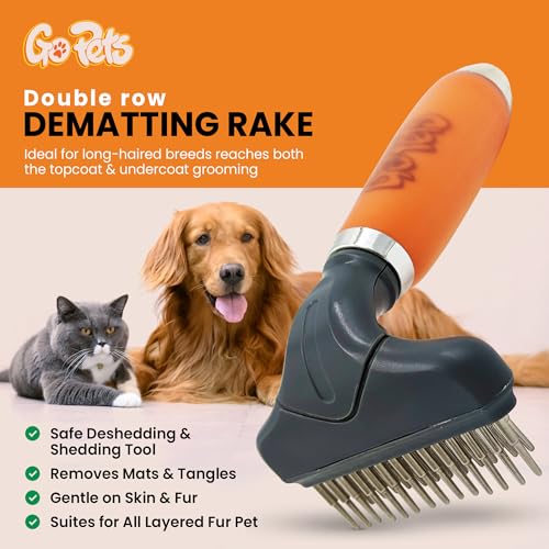 GoPets Double Row Dematting Rake Undercoat Deshedding Tool for Dogs & Cats | Dog Brush for Shedding and Grooming, Long Hair Pet Grooming Brush for Mat Removal, Detangling, and Shedding Control - style: Double Row Dematting Comb