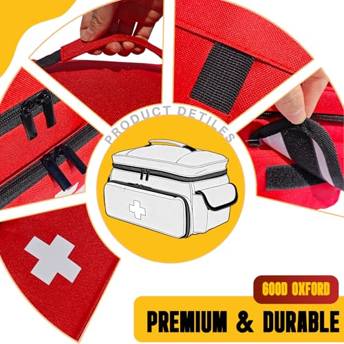 Small First Aid Bag Empty Medical Bag Red Pill Bottle Organizer Case, Portable Emergency Bag Travel Medicine Kit Storage 12" x 9" x 7" First Aid Box for Car, Home, Office, Dorm, Camping (Red)