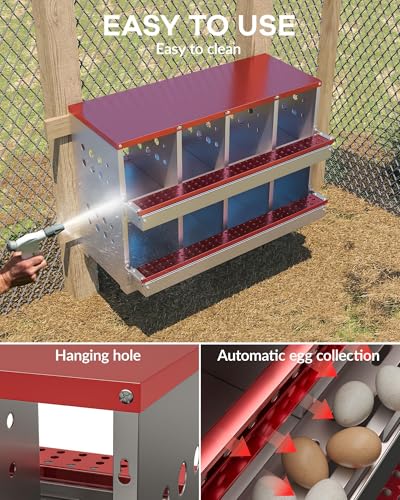8-Compartment Chicken Nesting Box, Heavy Duty Galvanized Steel Poultry Nest Box, Wall Mount/Freestanding Design for Hens, Ducks, Backyard Homesteads & Farm Use, Red, with 8 Eggs, No Stand - color: Red, size: 8 Room&eggs