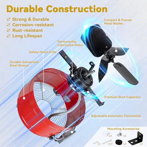 15" Gable Attic Fan with Thermostat, 1650CFM Plug-and-Play Attic Gable Vent Fan with Start Capacitor for 2500 sq.ft, Quiet Attic Exhaust Fan with Thermostat & 20FT Power Cord for House Garage Shed - size: 1650CFM