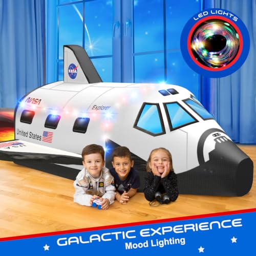 W&O Space Explorer Inflatable Fort with Lights & Sound - Fan Not Included | Rocket Ship Aerodome with LED Lights, Blast-Off Sound Button, Easy Entry/Exit, Space Adventure Play. Great Gift, Ages 3-12 - color: Space Shuttle