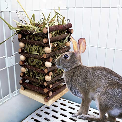 Hanging Apple Wood Rabbit Hay Feeder for Chinchilla Bunny Hamster Gerbil | Guinea Pig Grass Holder with 2 Hooks, Biting Resistant Small Animals Chew Toy, Feeding Hay Manager Shelf for Holiday Gifts