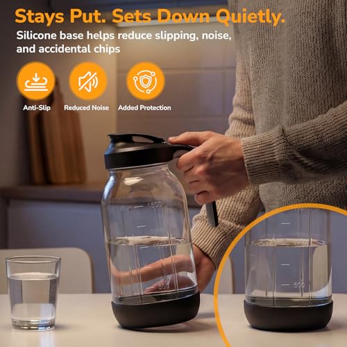64 oz (2 Qt) Glass Mason Jar Pitcher with Pour Spout Lid & Handle | Airtight Leak-Resistant Flip-Top, Wide Mouth for Ice & Fruit, Non-Slip Silicone Base, Measuring Marks, Fridge Water/Iced Tea - color: Black, size: 64 Ounces