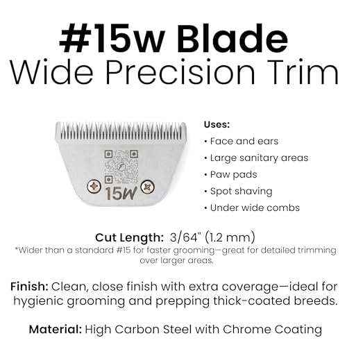 Fresh 15W Dog Grooming Blade, 3/64" (1.0 mm) Cut, Fits Andis, Oster, Wahl A5 Detachable Clippers, High-Carbon Steel with Chrome Coating, Sharp & Durable Blade for Sanitary or Detail Grooming - size: 15W