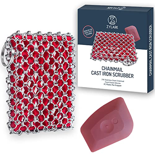 316L Cast Iron Scrubber Kit + Pan Scraper, Silicone Sponge, Dishwasher Safe | Cast Iron Chainmail Scrubber - Skillet Cleaner Scrubber - Cast Pan Scrubber Cleaner - Chainmail Chain Scrubber - style: Red CIS with Scraper