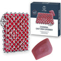 316L Cast Iron Scrubber Kit + Pan Scraper, Silicone Sponge, Dishwasher Safe | Cast Iron Chainmail Scrubber - Skillet Cleaner Scrubber - Cast Pan Scrubber Cleaner - Chainmail Chain Scrubber - style: Red CIS with Scraper