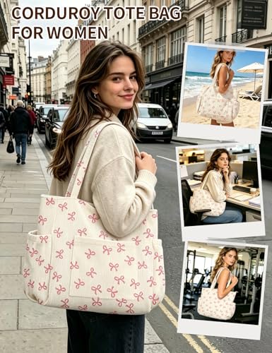 Corduroy Tote Bag for Women, Cute Floral Tote Bag with Zipper, Large Shoulder Handbag with Multi-Pockets for Work Travel Gym - color: Pink Bows