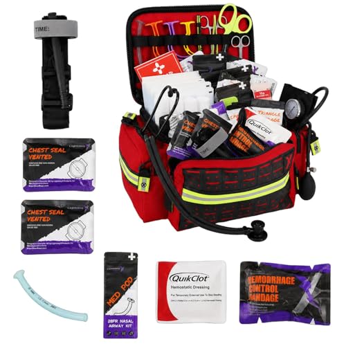 Lightning X Mid-Sized First Responder EMT Bag | LXMB25 | Fully Stocked w/ 248+ First Aid Supplies + Trauma Pak w/C.A.T. Tourniquet & QuikClot - RED - color: Red