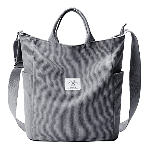 KALIDI Corduroy Tote Bag, Large Slouchy Hobo Messenger Crossbody Bag | Anti Splash Zipper Side Pockets Shoulder Bag Adjustable Strap Lightweight Casual Work Shopping Women - color: Frost Blue