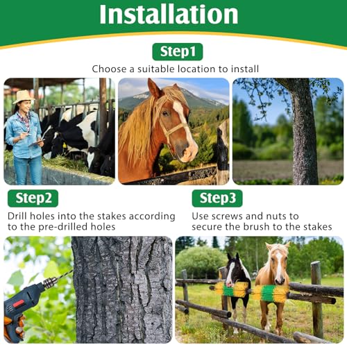 3 Pack Livestock Scratching Brush, Green and Yellow | Animal Scratcher, Itch Relief Grooming, Horse Goat Cow Scratcher, Fence Post Mounting, Durable Bristles, Farm Livestock Care - color: Green and Yellow