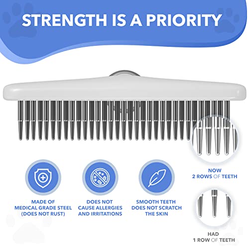 Dog rake deshedding dematting Brush Comb - Undercoat rake for Dogs, Cats, matted, Short,Long Hair Coats - Brush for Shedding, Double Row Stainless Steel pins - Reduce Shedding by 90% (White) - color: White