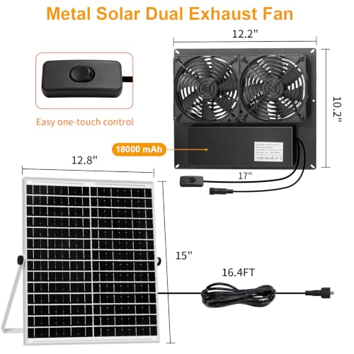 Metal Solar Dual Fan with Battery Day & Night Work Fans, 25W Solar Powered Fan for Chicken Coop with 18000mAh Battery, Outdoor Waterproof Greenhouse Solar Exhaust Fan for Shed, Pet Houses, Ventilation