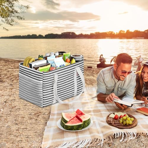 LHZK Standing Utility Tote Bag with Metal Wire Frame and the Sides Rinforced, Large Tote Bag with Handle, Reusable Grocery Bags Foldable, Beach Bag, Car Tote, Black, 18.5''x11.8''x11.5'' | Metal Wire Frame - color: Black/White, size: 18.5''x11.8''x11.5''-