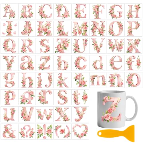 GLOBLELAND 56 Sheets 26 Floral Letters Rub on Transfer Stickers with Storage Box 3.9x3.6 inch Pink Roses Rub on Transfer for Crafts Cup Vase Window Glass - color: 26 Floral Letters