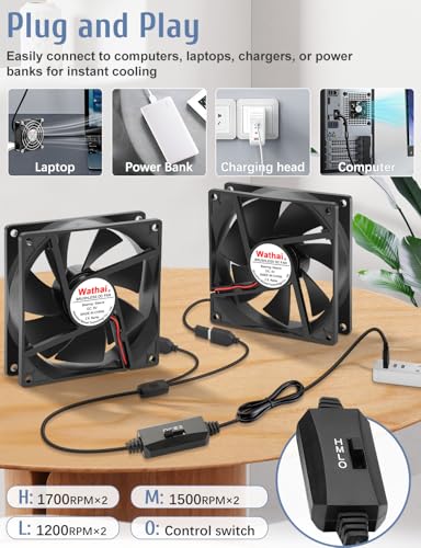 2 Packs Wathai 92mm x 25mm 90mm 5V USB Fan for Receiver AV Cabinet Console | 2 in 1 Small USB Fan for Computer Receiver AV cabint Game Console PC Laptop TV Box Projector Router Cooling - size: 92x25mm (5V)