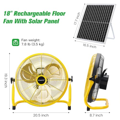 blessny 18" Large Solar Rechargeable Floor Fan for Home Gazebo Greenhouse | 35W Solar Panel with 23 Ft Long Cord for Camping Barn Poultry Pet House Outdoor Cooling or Air Circulation