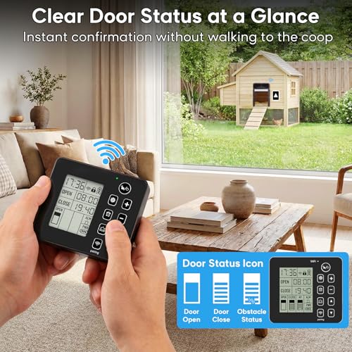 Automatic Chicken Coop Door with Remote Display, Solar Powered Roll-up Chicken Door, 393ft Long-Range Wireless Monitor, Anti-Pinch Auto Coop Door, Predator Protection Motion Sensor, No WiFi Needed