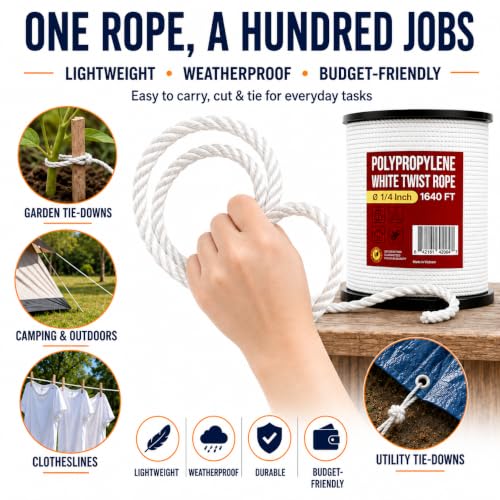 Heavy Duty PP/Polyester/Nylon Rope on Spool, White, 1/4inX1640FT | Weather-Resistant & Waterproof, For Pool, Marine, Camping, Household Use, Construction & Rigging Applications - color: White, size: 1/4in X 1640FT