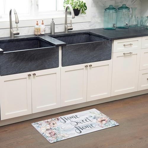 Home Dynamix Cozy Living Home Sweet Home Floral Runner Anti-Fatigue Kitchen Mat, Non-Slip Floor Mat, Padded Standing Desk Mat, Grey/Blue, 17.5"x30" - color: Grey/Blue, size: 18"L x 18"W x 0.5"Th