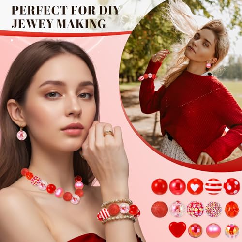 112 Pcs Red Bubblegum Beads for Pens, Spacer Beads | 28 Pcs Pen Beads 14 Styles, 84 Pcs Spacer Beads, Colorful Rhinestone Bead for Jewelry Making,Valentine's Day, Xmas Gifts - color: Red