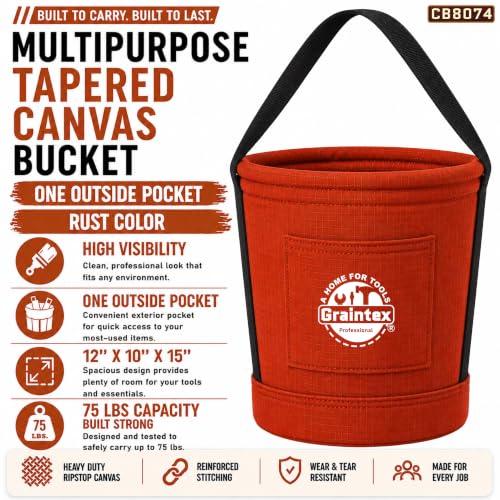 Graintex Tapered Canvas Bucket 12"x10"x15", Utility Tool Bucket One Inside Pocket, Reinforced Base & Carry Handle, Ripstop Canvas - Rust - color: Rust