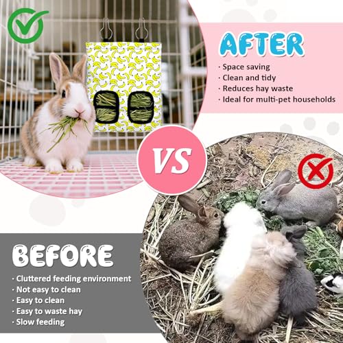 3 Pcs Rabbit Hay Feeder, 2-Hole Hanging Guinea Pig Hay Bags Washable Bunny Hay Bag for Rabbits, Chinchillas, Hamsters, Small Pets and Animals (11.8"×8.7") - color: Green,Red,Yellow