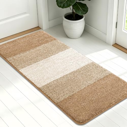 Kitinjoy Indoor Outdoor Door Mat, 54x24 Non-Slip Dirt Trapper Doormats | Camel Low-Profile Washable Inside Entrance Front Floor Mat, Sturdy Soft Entry Striped Doormats for Entryway - color: Camel, size: 54'' X 24''