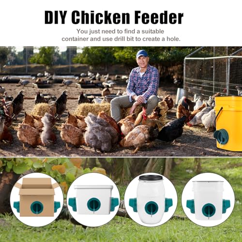 Chicken Feeder No Waste, 10 Ports Automatic Poultry Feeder with Covers & Hole Saw, Rain Proof Chicken Feeder Port for Buckets, Bins & Barrels - color: Green