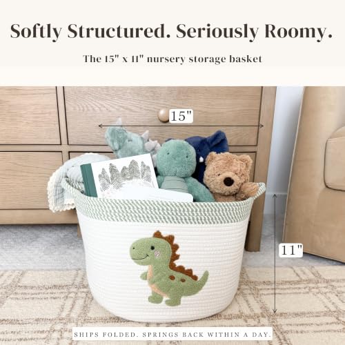 Dinosaur Baby Storage Basket, Woven Cotton Rope Nursery Bin, 15x11 in | Stuffed Animal and Blanket Storage, Soft Felt Dinosaur Patch, Baby Nursery Decor, Baby Shower, Kids Playroom Organizer - color: Dinosaur