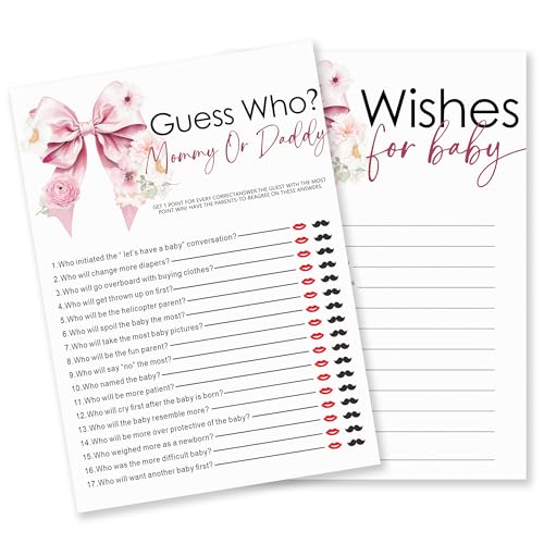 Wishes for Baby & Mommy Or Daddy Theme Baby Shower Game Activities-30 Pink Bow & Flowers Double-Sided Game Cards(5’’x7 ’’) for Boys & Girls-Gender Neutral Decorations & Supplies-A04 - color: Wishes for Baby & Mommy Or Daddy