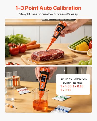 VEVOR Food pH Meter, 0-14 pH Range, IP68 Waterproof Probe, Pocket Tester Kit with Automatic Temperature Compensation, Calibration Powder Packets, Easy to Read, for Food Fermentation, Dough, Meat
