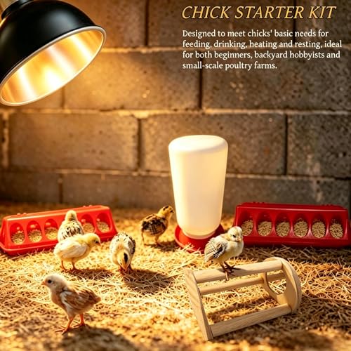 Chick Starter Kit with 75w Heat Lamp, 5-in-1 Baby Chicken Brooder Supplies | Feeder & Waterer Set, Perch with Mirror for Coop Brooder Poultry Chick Duck Quail Bird