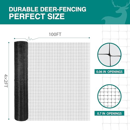 FRUITEAM Deer Fence Netting, 8FT x 100FT Heavy Duty Black PP Coated, Garden Protection Barrier, 0.7"x0.7" 70gr/sqm Mesh, Long-Lasting Yard Garden Fencing Roll - size: 8FT×100FT