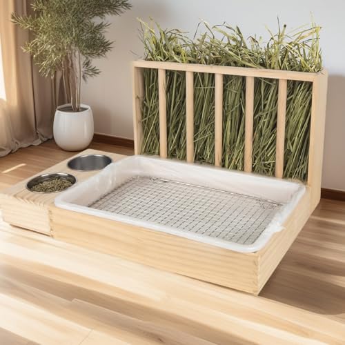 BESNEW 3 in 1 Rabbit Hay Feeder with Litter Box,Upgraded Wooden Hay Feeder Set for Guinea Pig Chinchilla Bunny Other Small Animals,Quick Cleaning & Large Capacity & Preventing Waste - color: Natural 2, size: 15.7in Style2