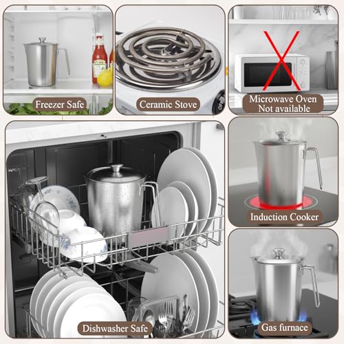 304 Stainless Steel Pitcher with Lid, 70 oz / 2L Measuring Cup | Large Mouth Graduated Beakers with Marking and Handle, Metal Milk Frothing Jug for Espresso Machine, Hot & Cold Water