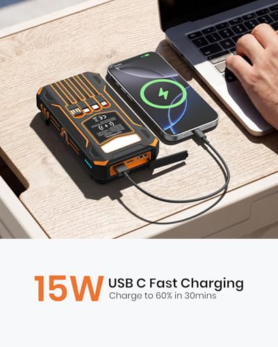 A ADDTOP Solar Charger Power Bank 20000mAh Built-in 4 Cables, Wireless Portable Charger with 4 Solar Panels and 3 USB Ports, PD QC 3.0 Fast Charging Battery Pack for Cell Phone, Tablets(Orange) | 4 Solar Panels, Built-in 4 Cables, 3 USB Input/Output Ports