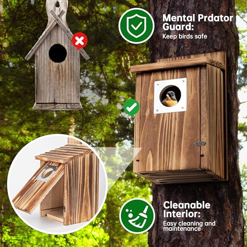 UUMENHA 2 Pack Bird Houses for Outside with Metal Predator Guard | Carbonized Wooden Nesting Boxes for Outdoor, Sturdy Bird House for Bluebird Wren Swallow Finch, ,Easy to Clean
